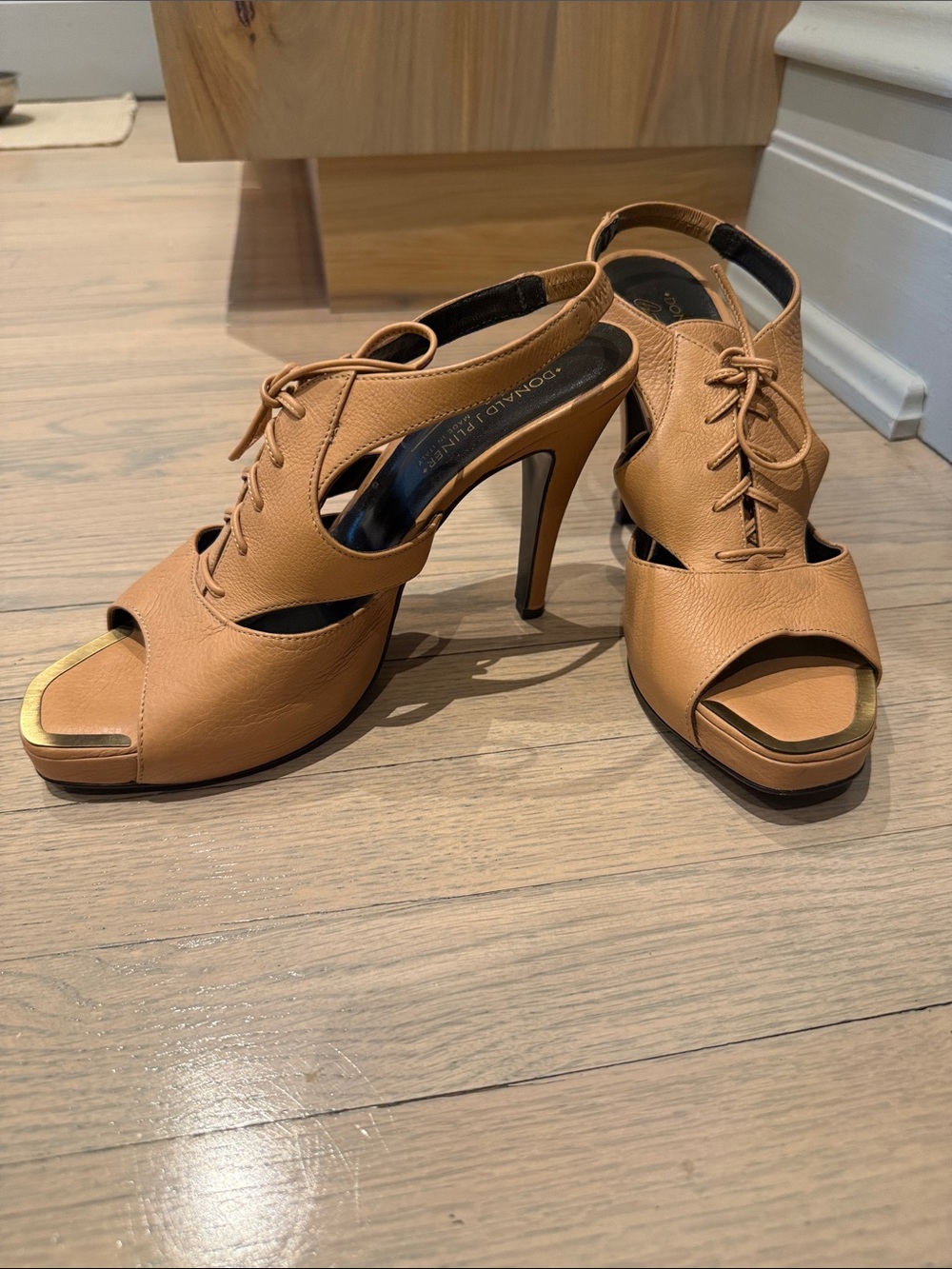 Donald J. Pliner Cognac Lace-Up Peep-Toe Stiletto Sandals
